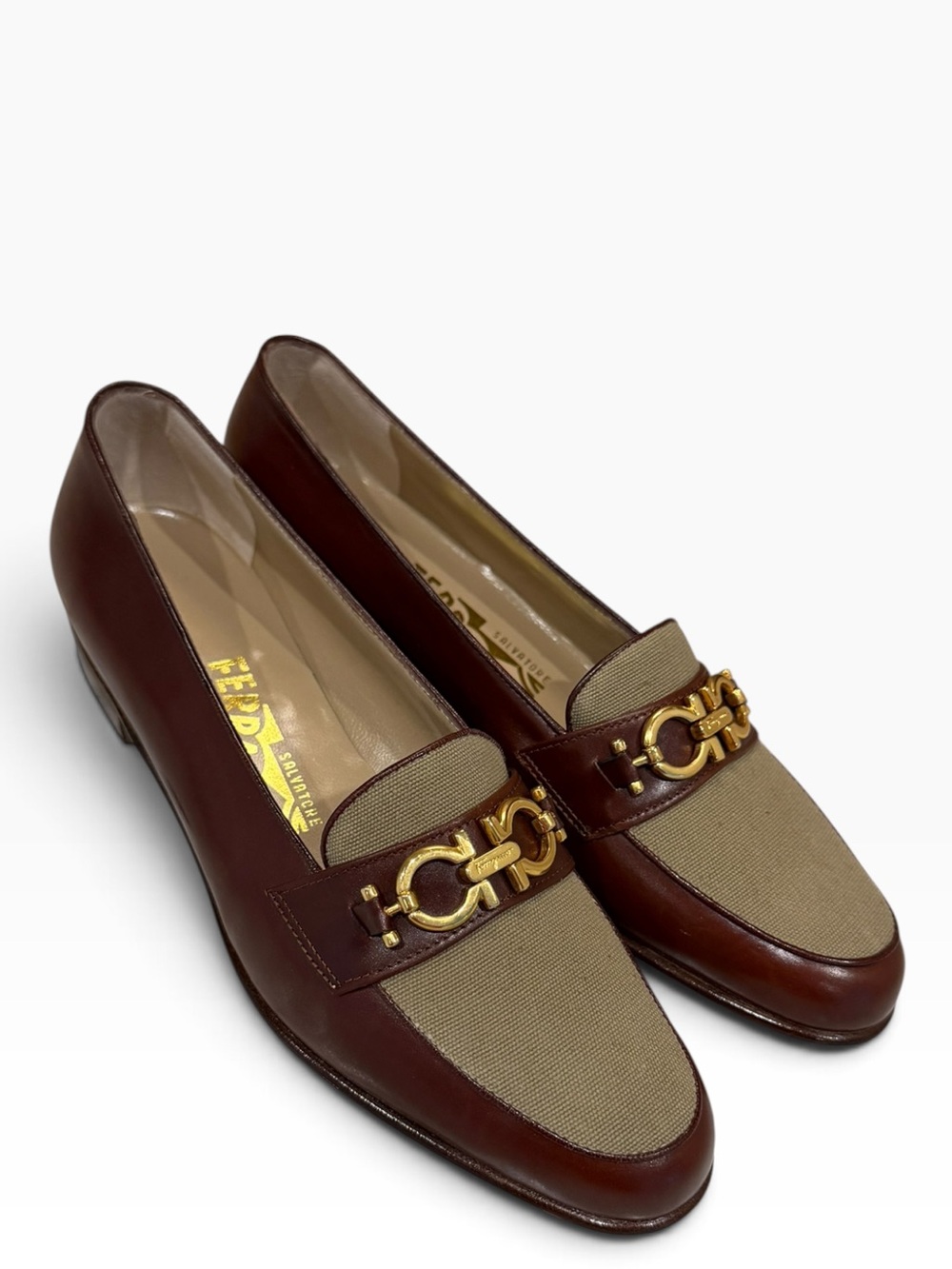 Vtg Salvatore Ferragamo Brown Leather Canvas Loafers Shoes Size 7